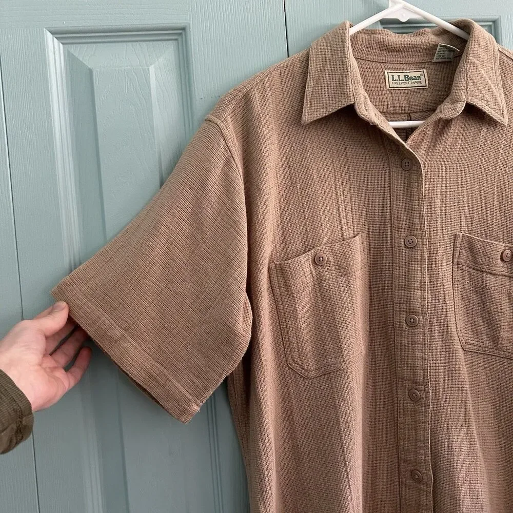 L.L. Bean Womens Twill Button Up Collared Shirt‎ Large Short Sleeve Tan